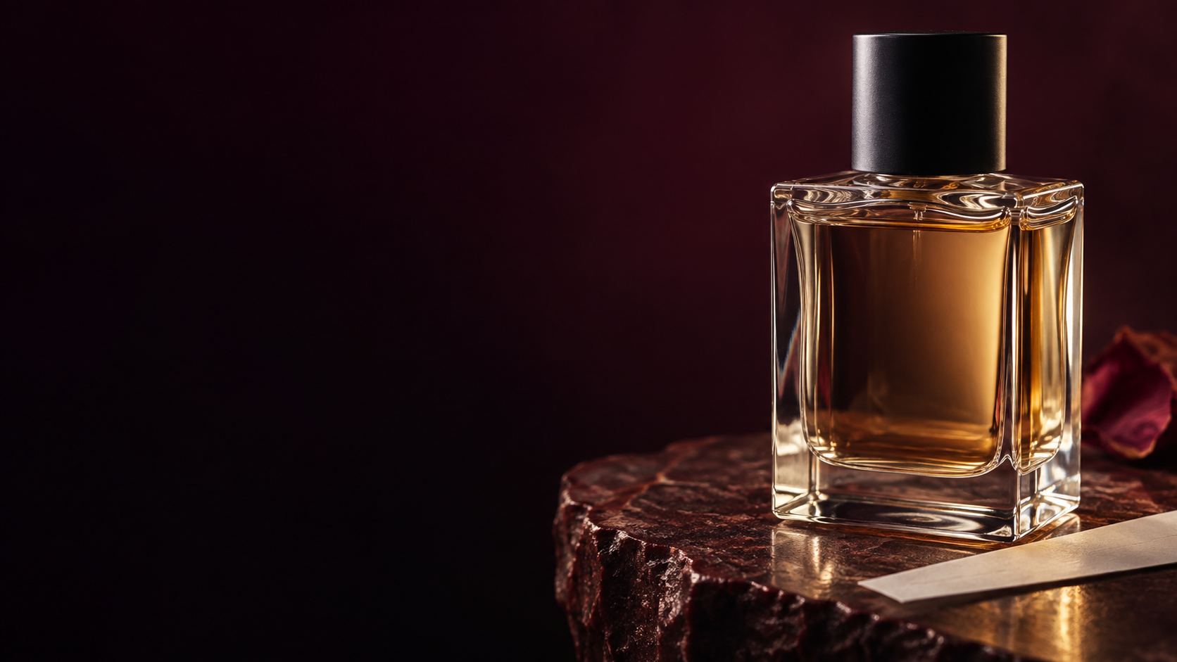 Frasco conceptual de cristal con perfume ámbar sobre piedra borgoña